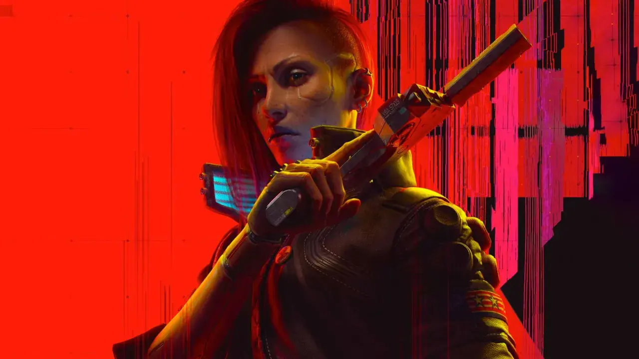 Cyberpunk 2077 osiągnięcia: kobieta z cybernetyczną ręką i pistoletem na tle czerwonych, glitchujących linii.
