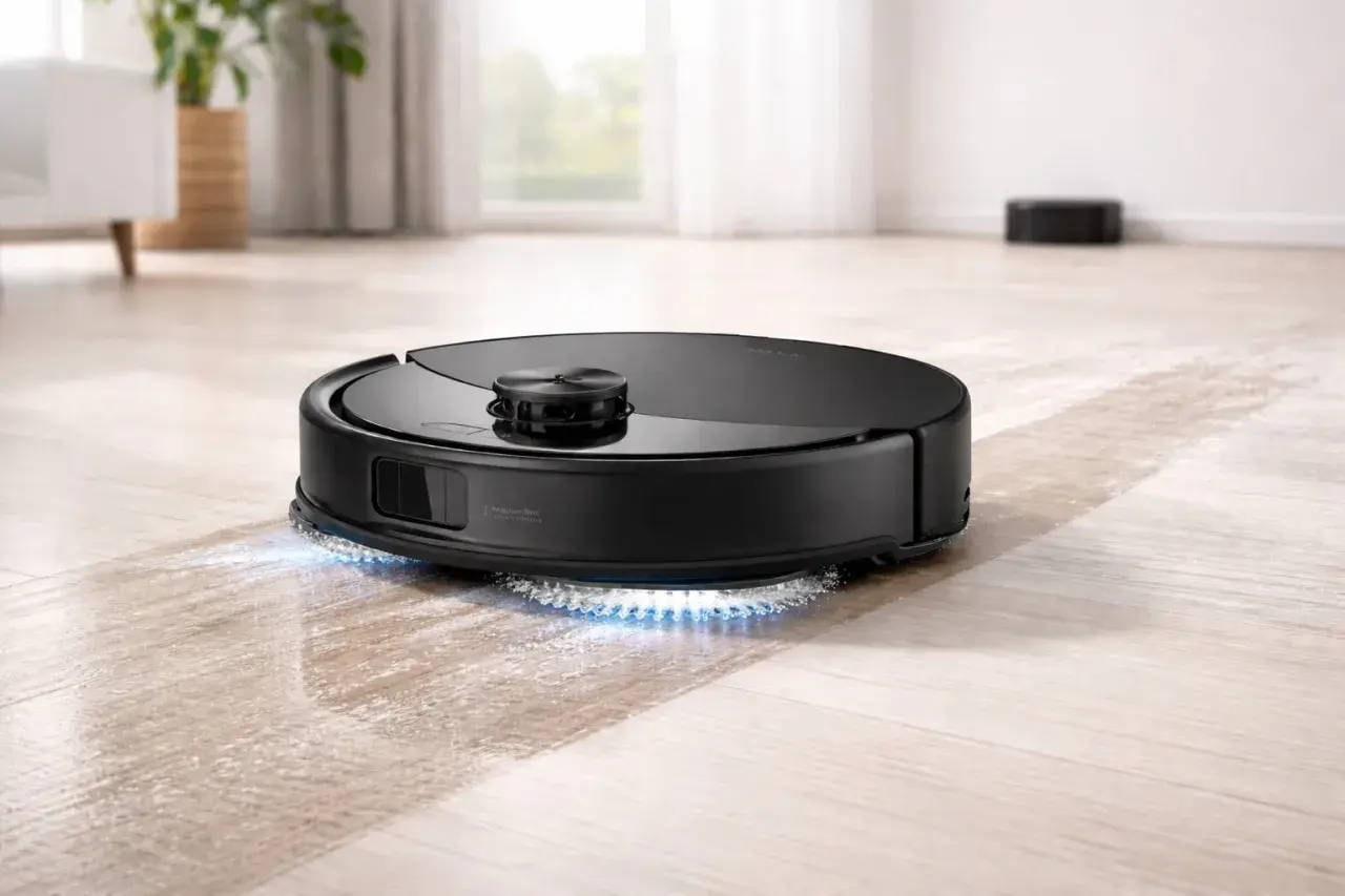 Un robot aspirador negro con luces azules limpia un suelo de madera. Así es como funciona un robot aspirador.
