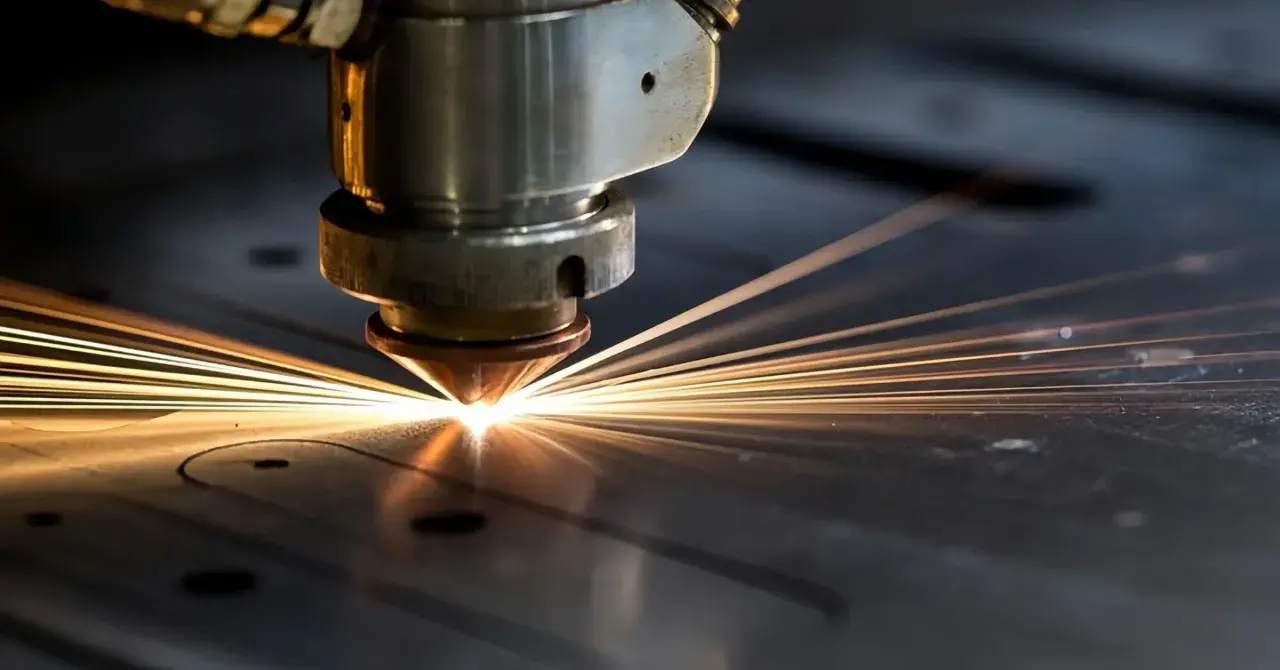 Macchina laser che taglia l'acciaio con un fascio luminoso e scintille.