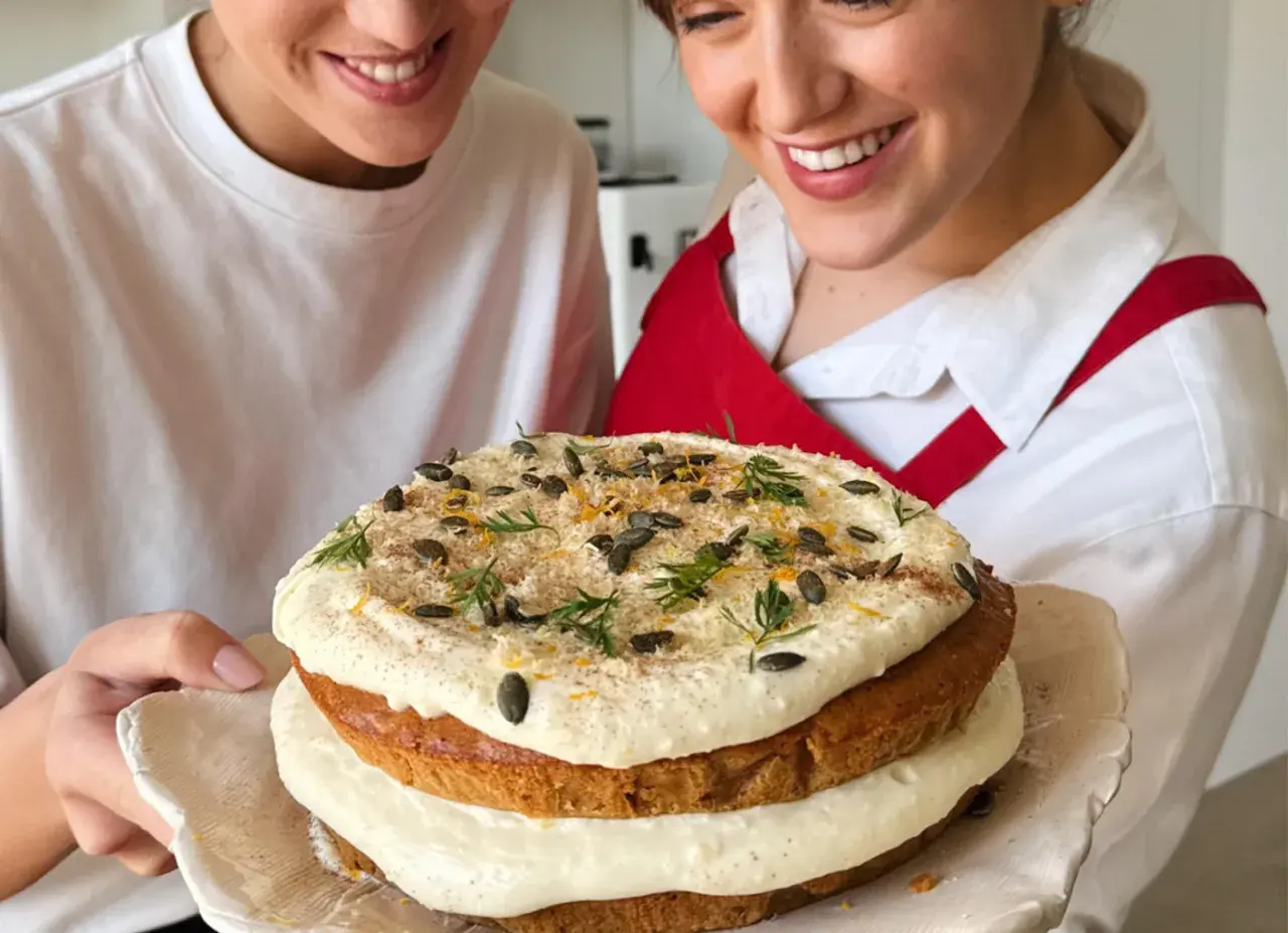 Due persone sorridono mostrando una torta a strati decorata con glassa, semi di zucca e scorza d'arancia. La ricetta della carrot cake è un successo!