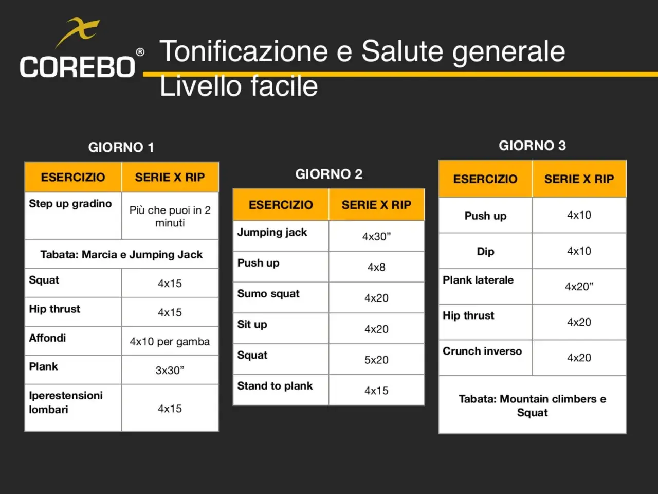 Schema per come iniziare ad allenarsi a casa: esercizi per 3 giorni, con squat, plank e push up.