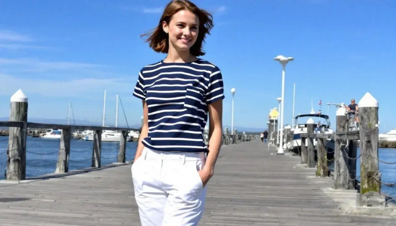 Jeune femme souriante sur un ponton, portant un t-shirt rayé marine et un pantalon blanc. L'ambiance est estivale et décontractée.
