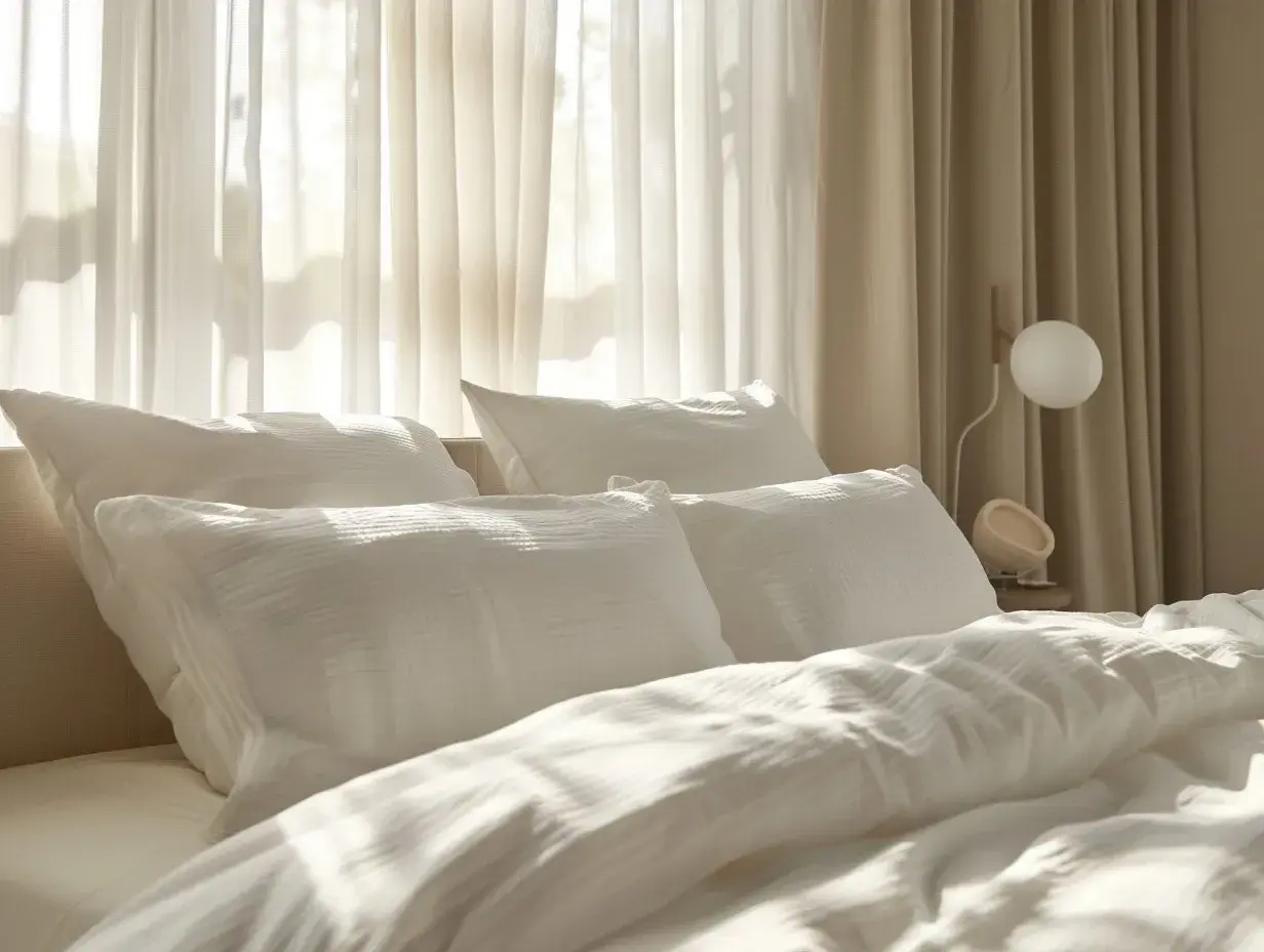 Gemütliches Bett mit weißen Kissen und Decken. Die sanften Falten der Bettwäsche lassen vermuten, dass sie aus einem Material wie Polyester ist, das überraschend warm halten kann.