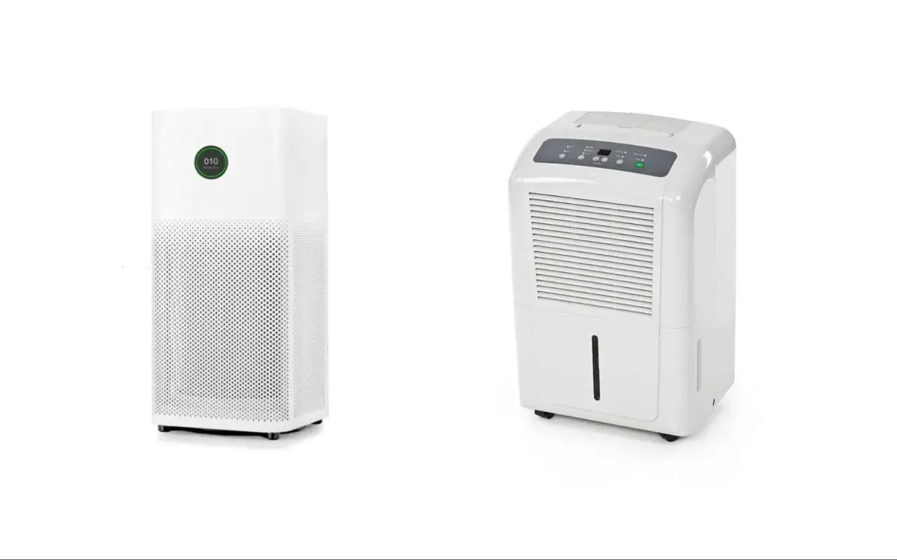Dos aparatos blancos: un purificador de aire y un deshumidificador que elimina la humedad.