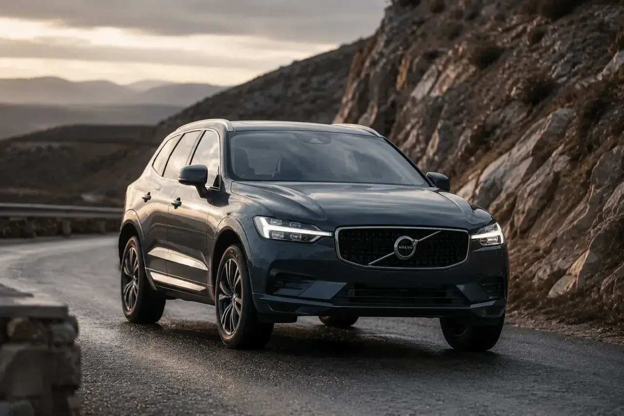 Mörkgrå Volvo XC60 på en slingrig väg i bergig terräng. Solnedgången lyser upp himlen. Kanske en volvo v60 hybrid problem?
