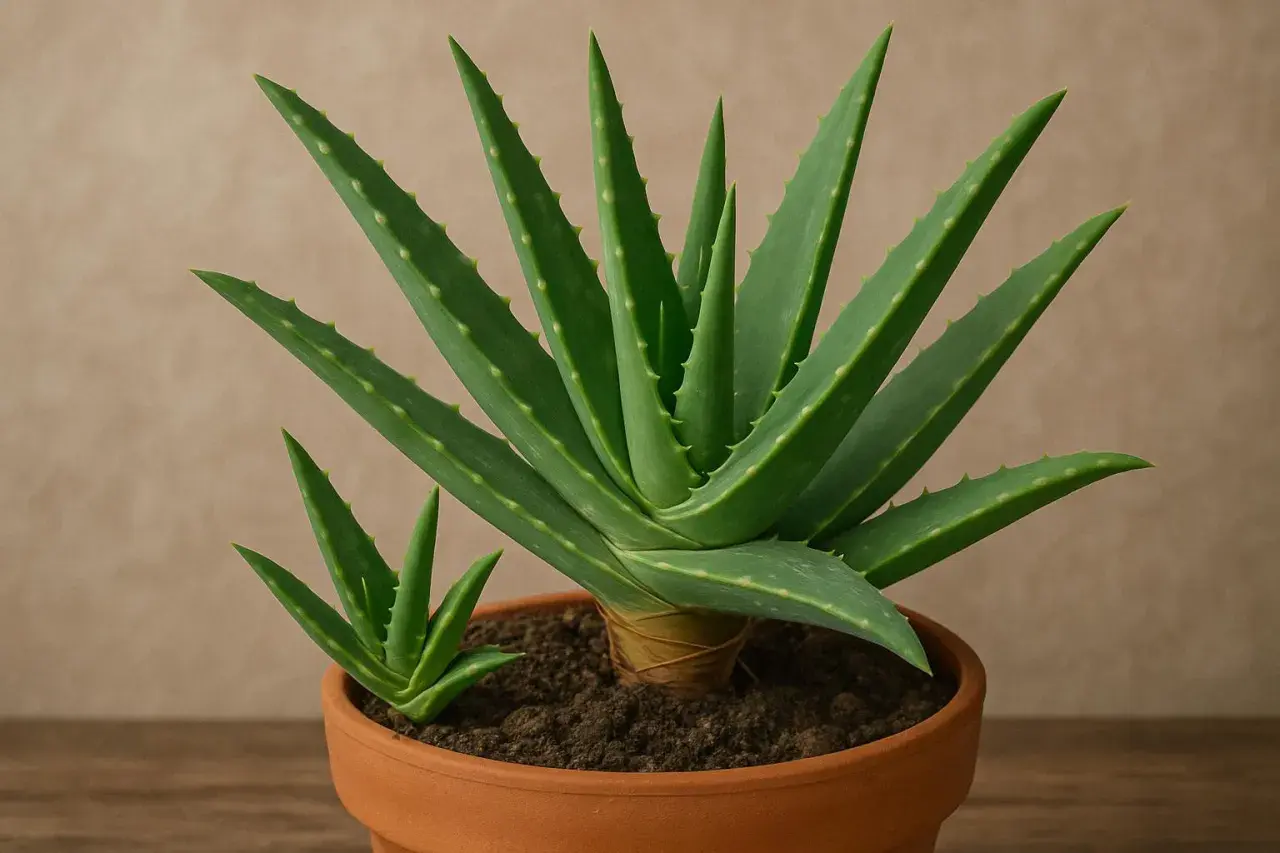 Eine große Aloe Vera Pflanze mit einem kleinen aloe vera ableger daneben in einem Terrakotta-Topf.
