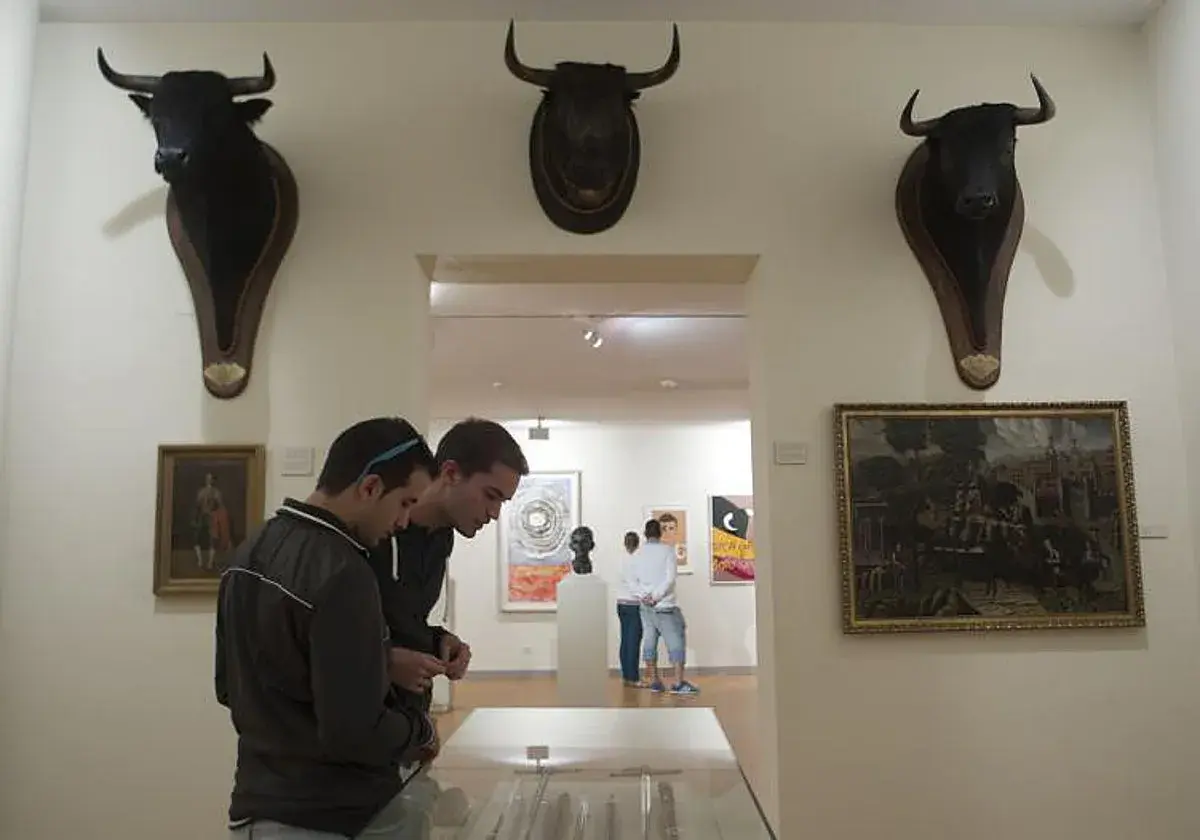 Dos jóvenes observan cabezas de toro disecadas en el museo taurino de Madrid.
