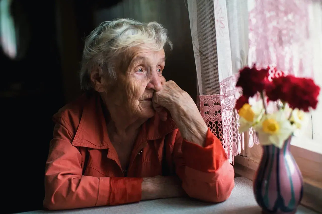 Eine ältere Frau blickt nachdenklich aus dem Fenster, ihre Hand am Kinn. Die Szene vermittelt ein Gefühl von **Angst vor Einsamkeit im Alter**.