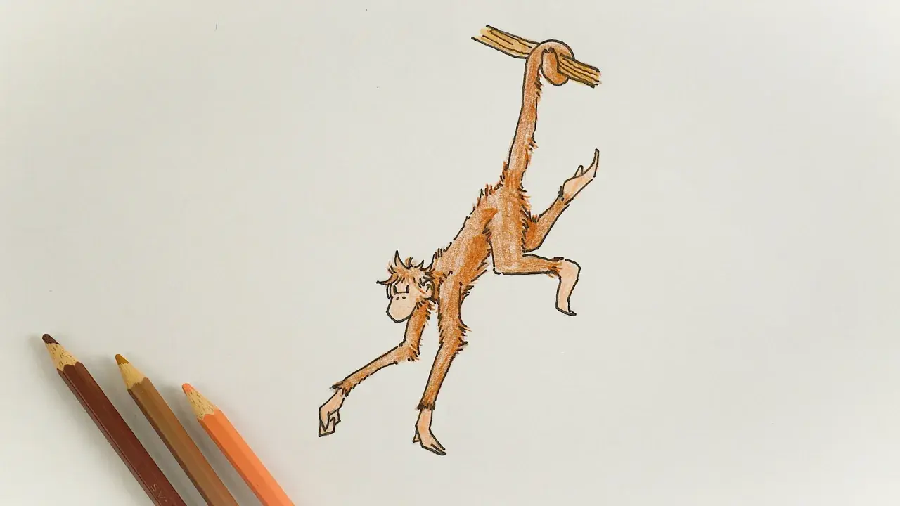 Dibujo de un mono naranja colgado de una rama, con lápices de colores al lado.
