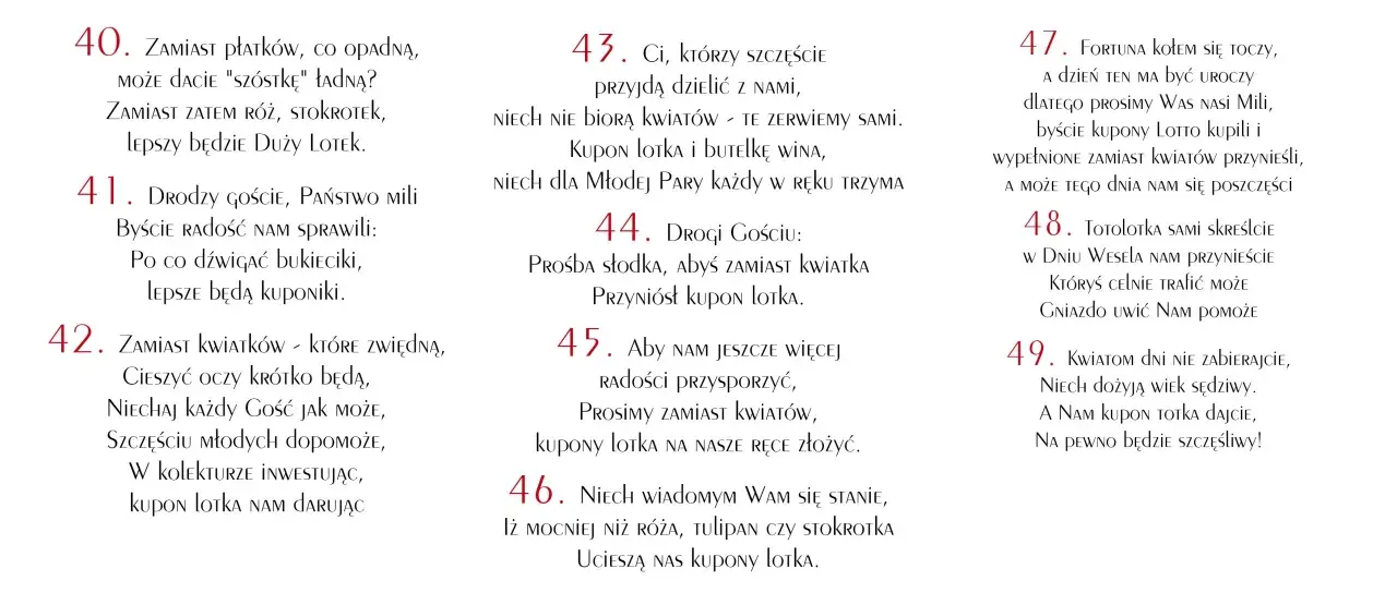 Zaproszenie na poprawiny tekst: zamiast kwiatów, prosimy o kupon lotka. Niech przyniesie szczęście nam i Wam!