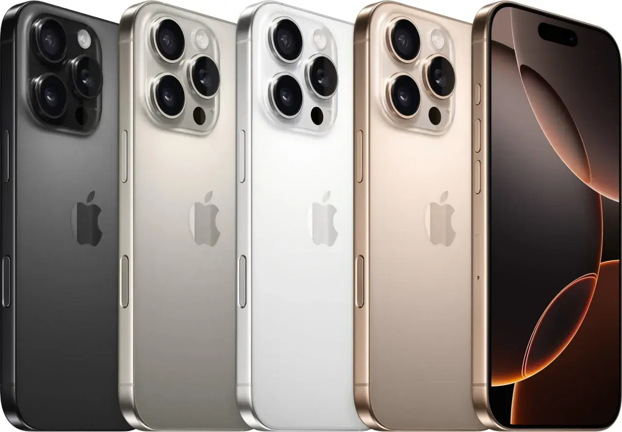 Pięć telefonów iPhone 16 Pro w różnych kolorach: czarny, srebrny, biały, złoty i z przodu wyświetlacz.