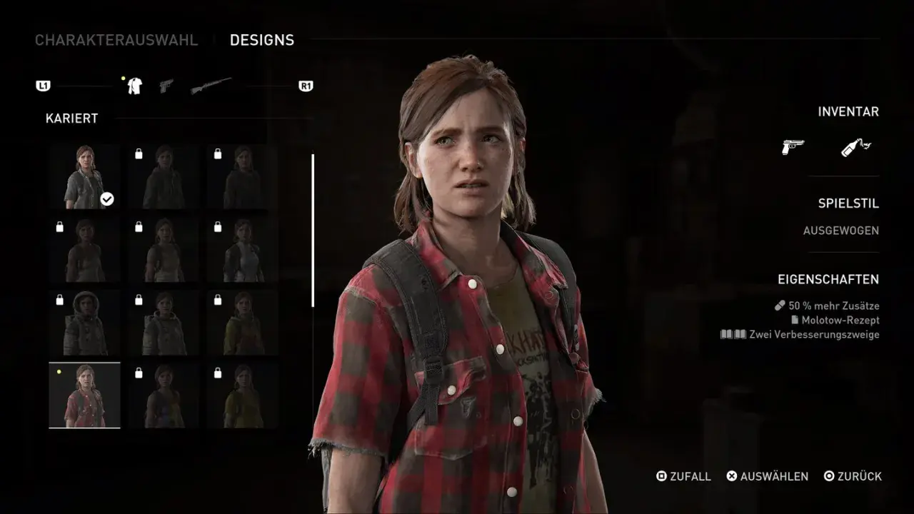 Ellie aus The Last of Us 2 im Charakterauswahl-Menü. Sie trägt ein kariertes Hemd und hat das Molotow-Rezept freigeschaltet.