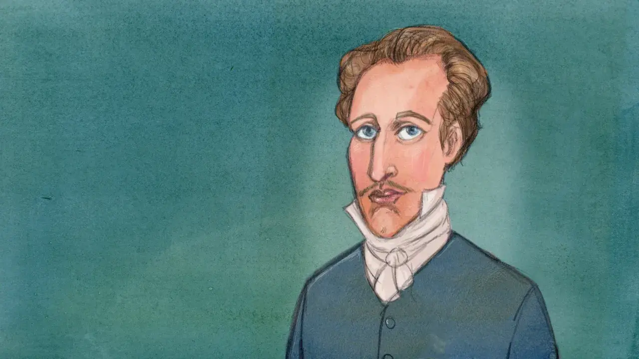 En tecknad porträtt av Gustav IV Adolf med blå ögon och en vit halsduk.