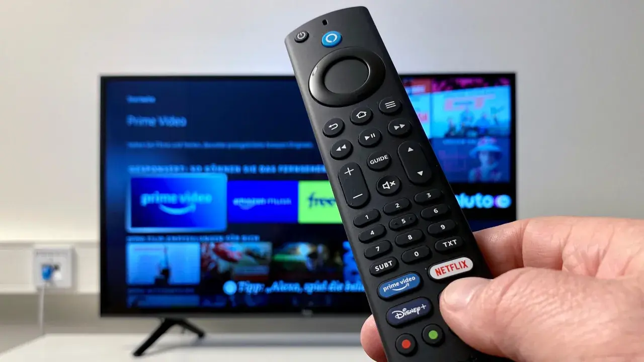 Fernbedienung für Fire TV mit Prime Video, Netflix und Disney+ Apps auf dem Bildschirm.