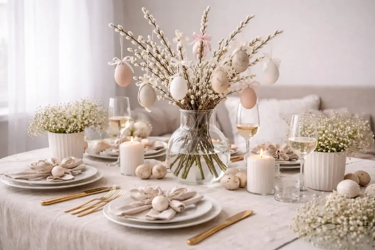Vacker påskris inspiration med dekorerade ägg och ljus på ett dukat bord.