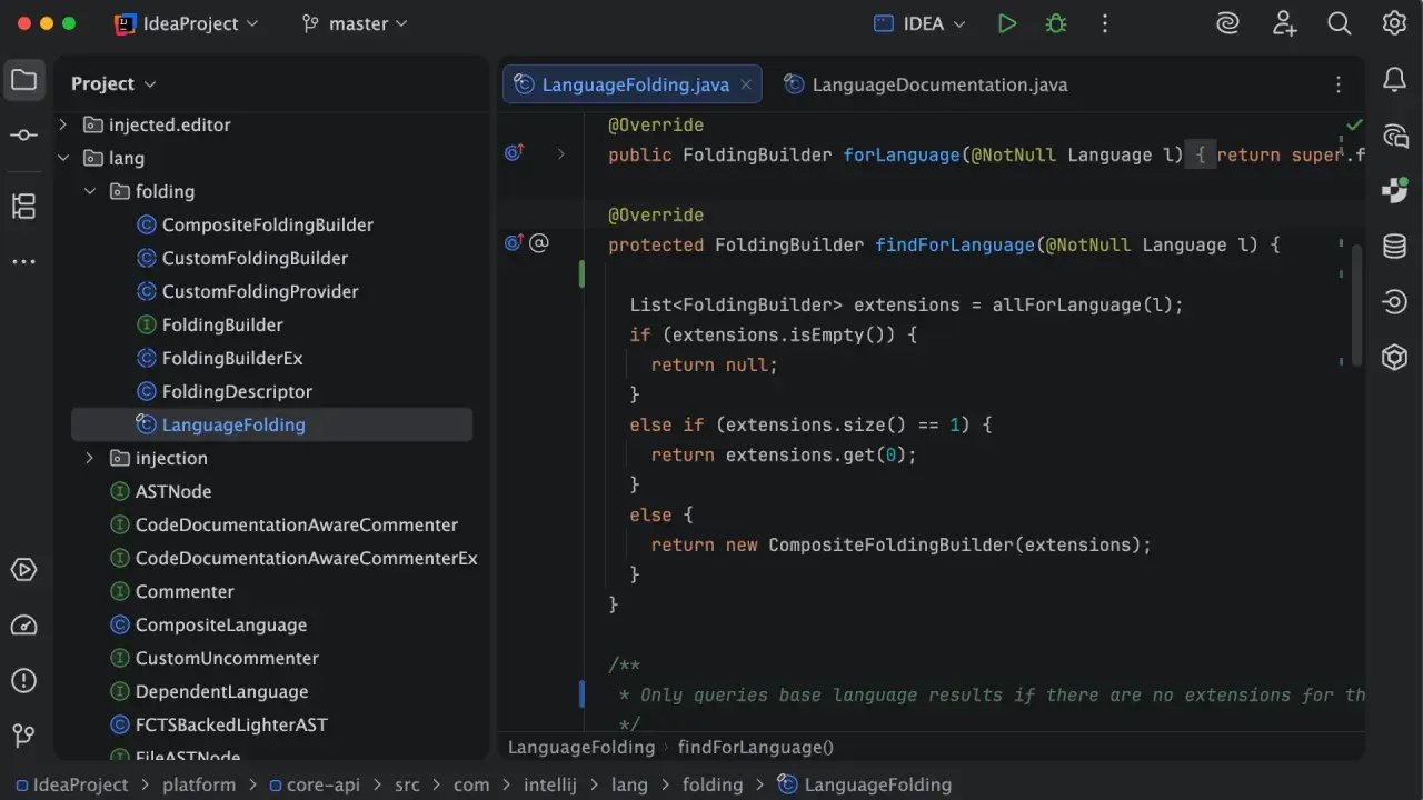 Un développeur travaille sur une idée Java, explorant la classe `LanguageFolding` dans un IDE.