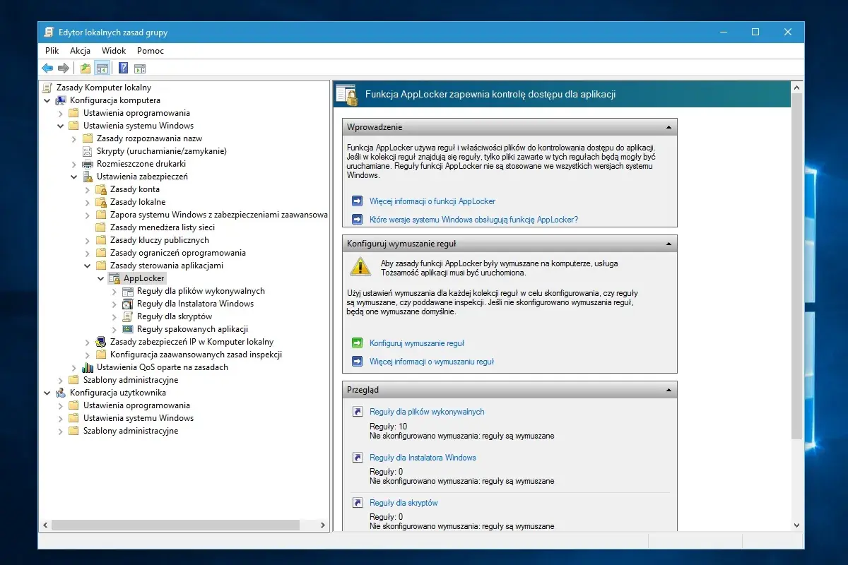 Edytor zasad grupy pokazuje konfigurację funkcji AppLocker, która kontroluje dostęp do aplikacji.