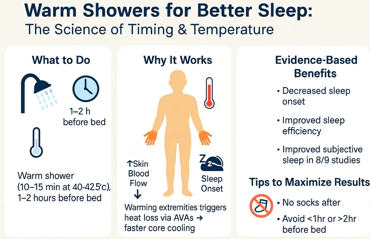 Warm showers 1-2 hours before bed can help you fall asleep faster. This infographic explains how do hot showers make you sleepy by triggering heat loss.