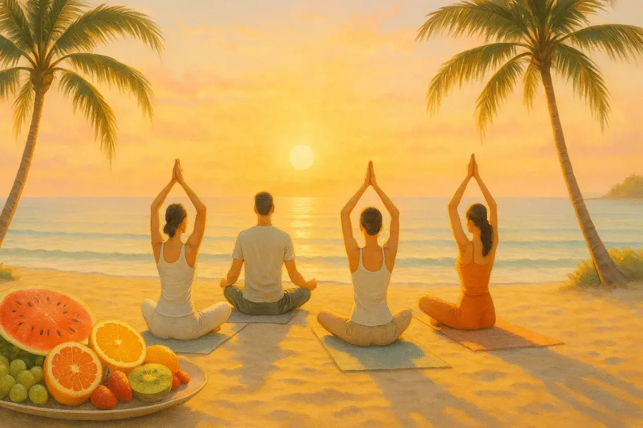 Personas meditando en la playa al atardecer. Un plato de fruta fresca a la izquierda. El mejor clima de España para el asma se encuentra en lugares así.