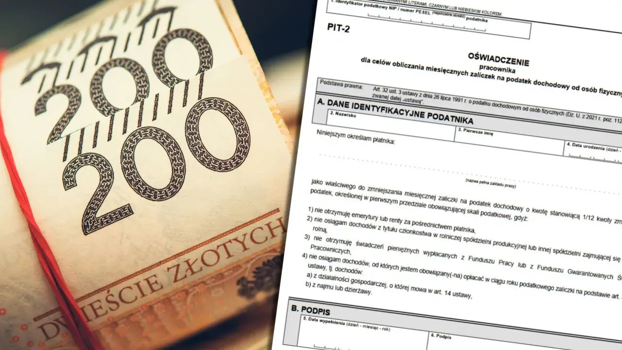 Plik PIT-2 obok stosu banknotów 200 zł. Dokument dotyczy oświadczenia pracownika w sprawie zaliczek na podatek dochodowy.
