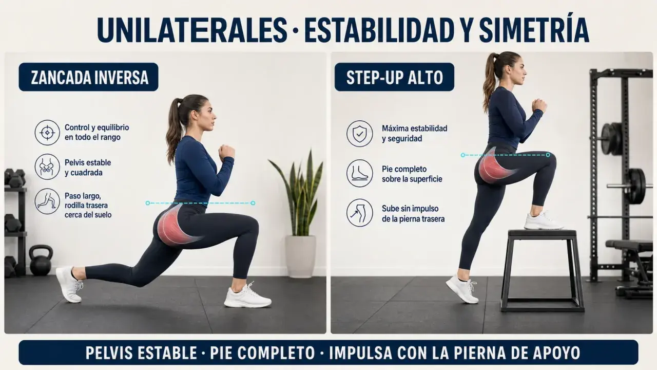 Mujer realizando zancada inversa y step-up alto, ejercicios para el **ejercicio gluteo** con énfasis en estabilidad y simetría.