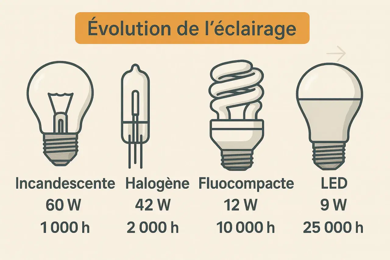 Comparaison visuelle de l'évolution de l'éclairage : ampoule incandescente, halogène, fluocompacte et LED, montrant la différence ampoule halogène et LED en termes de consommation et durée de vie.