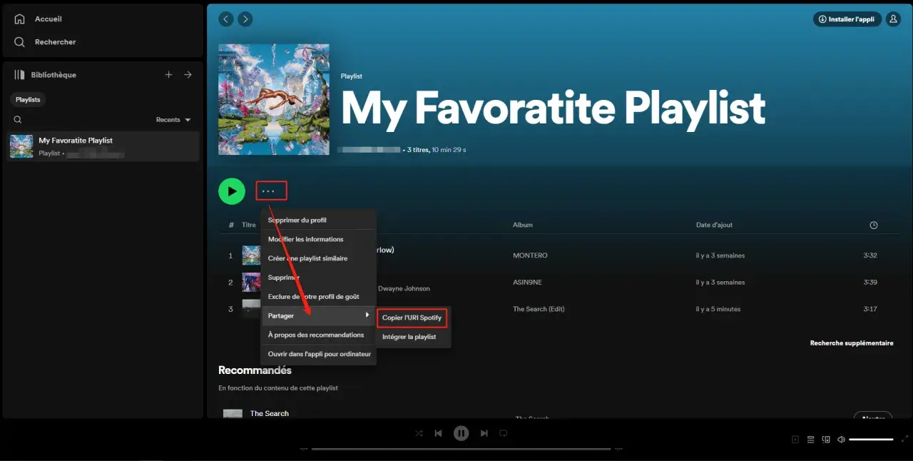 Comment partager une playlist Spotify : cliquez sur les trois points, puis sur "Partager" et "Copier l'URI Spotify".