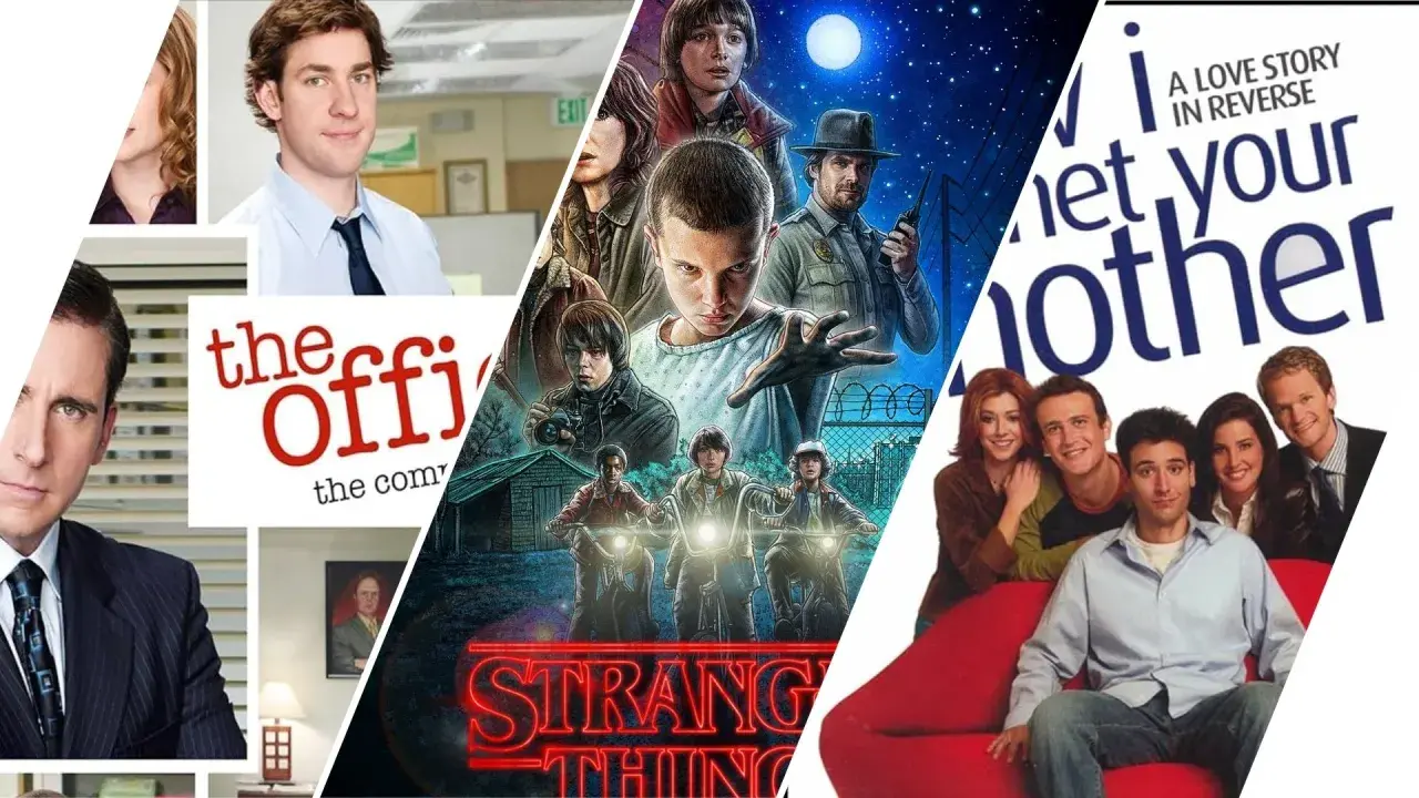 Collage di serie tv in inglese: The Office, Stranger Things e How I Met Your Mother.