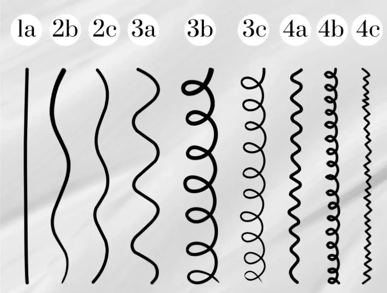 Ein locken test zeigt verschiedene Haartexturen von glatt (1a) bis sehr lockig (4c).