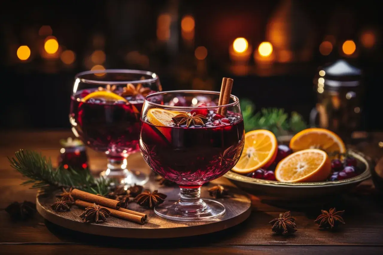 Deux verres de vin chaud, décorés d'orange, d'anis étoilé et de cannelle. Parfait pour une recette de vin chaud réconfortante.