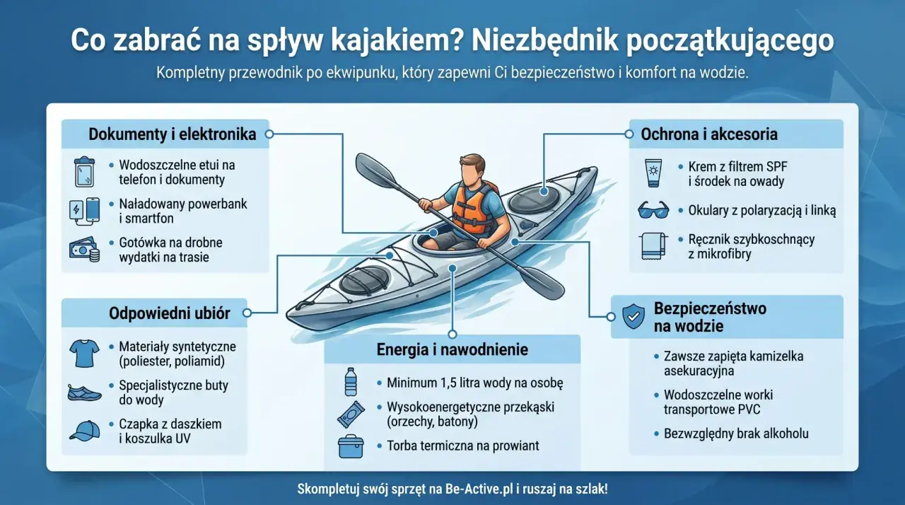 Co zabrać na kajaki? Niezbędnik początkującego: wodoodporne etui, powerbank, odpowiedni ubiór, krem z filtrem, kamizelka asekuracyjna, woda i przekąski.