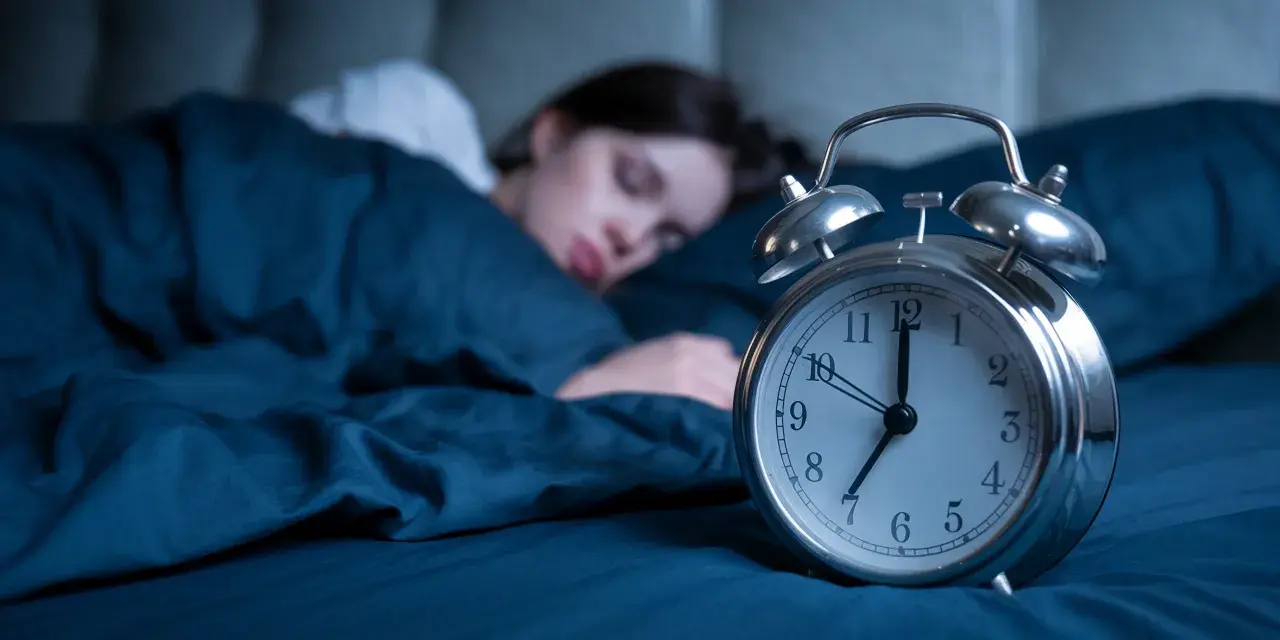 Frau schläft tief, während ein Wecker die Zeit anzeigt. Wie viel Schlaf braucht man mit 40? Die Antwort liegt im erholsamen Schlaf.