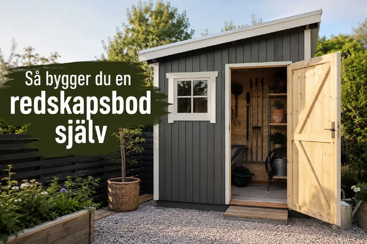 En mörkredskapsbod med öppen dörr, fönster och trädgårdsredskap inuti. Texten "Så bygger du en redskapsbod själv" syns tydligt.
