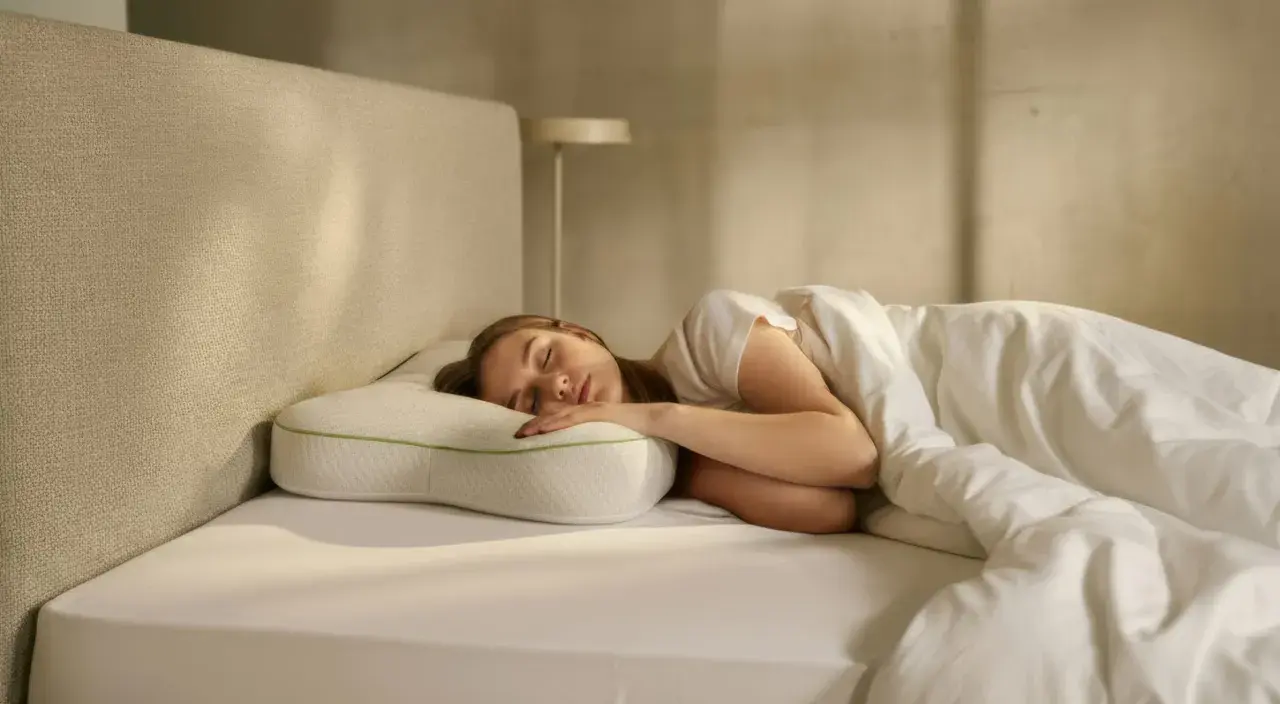 Junge Frau schläft tief und fest auf einem ergonomischen Kissen. Ein Zeichen für erholsamen Schlaf, vielleicht dank eines guten hausmittel besser schlafen.