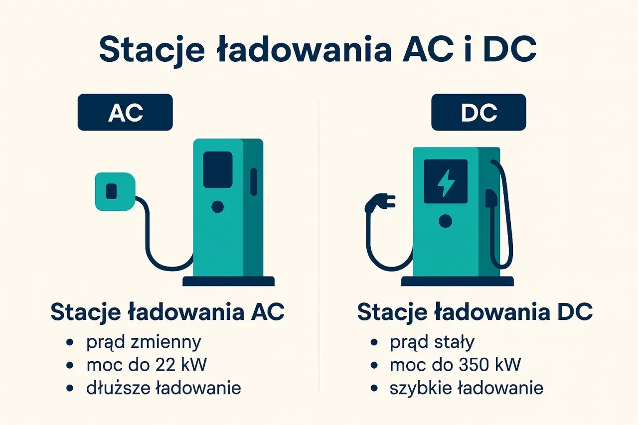 Ilustracja porównuje stacje ładowania AC i DC. Po lewej stacja AC, po prawej DC, obie gotowe do ładowania samochodu elektrycznego.