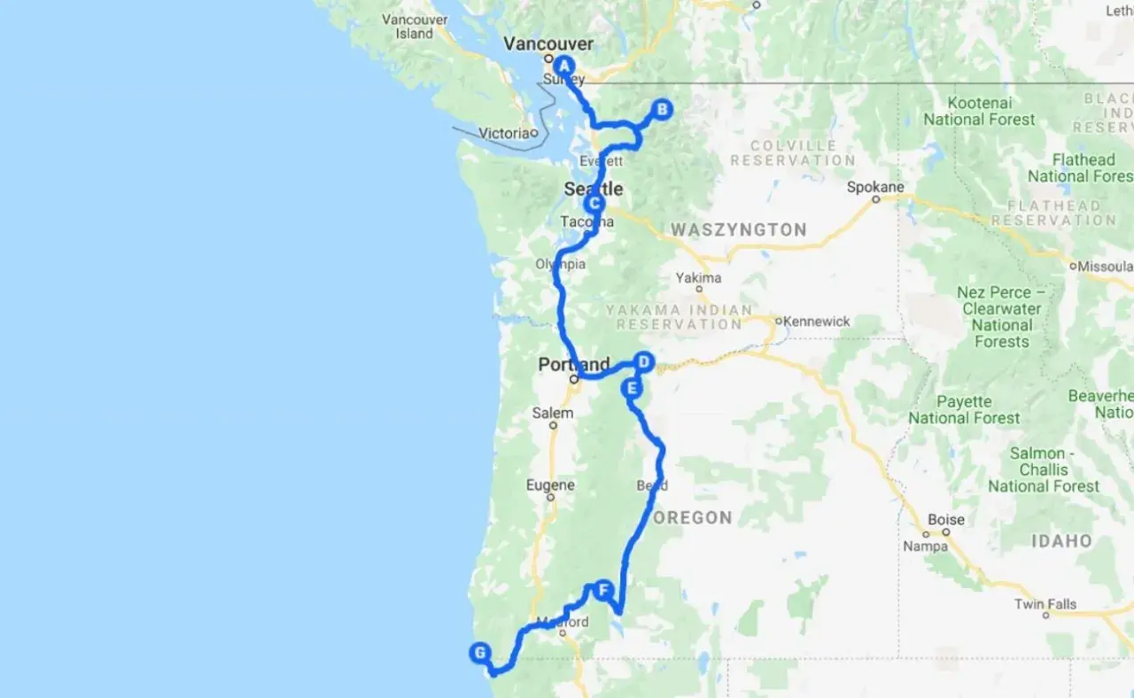 Trasa podróży przez kraje Ameryki Północnej: Vancouver, Seattle, Portland, Oregon. Widoczne też części Waszyngtonu i Idaho.