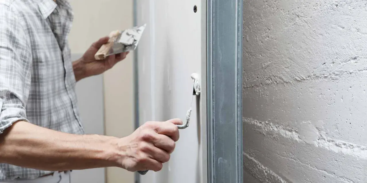 Un artisan applique un enduit de finition sur un mur avec une truelle, préparant la surface pour une peinture parfaite.