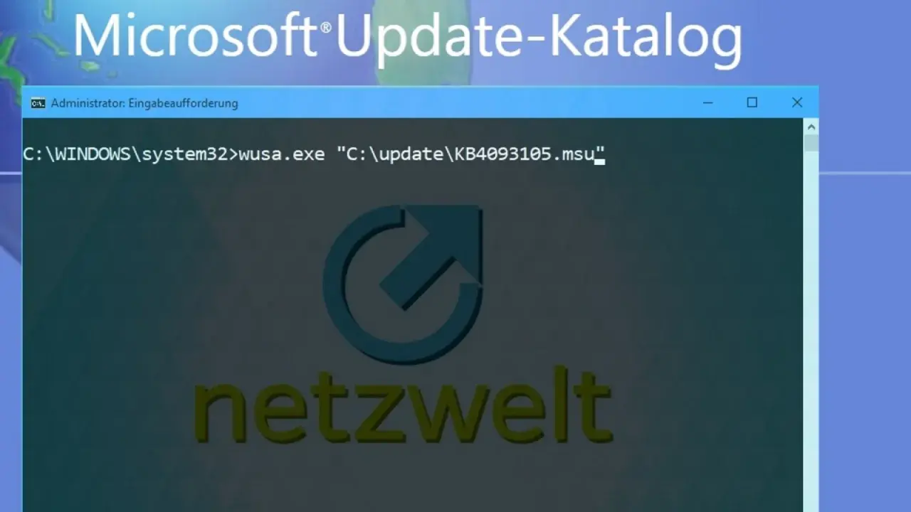Windows 10 Updates manuell herunterladen und installieren: Eingabeaufforderung mit wusa.exe und Pfad zur MSU-Datei.