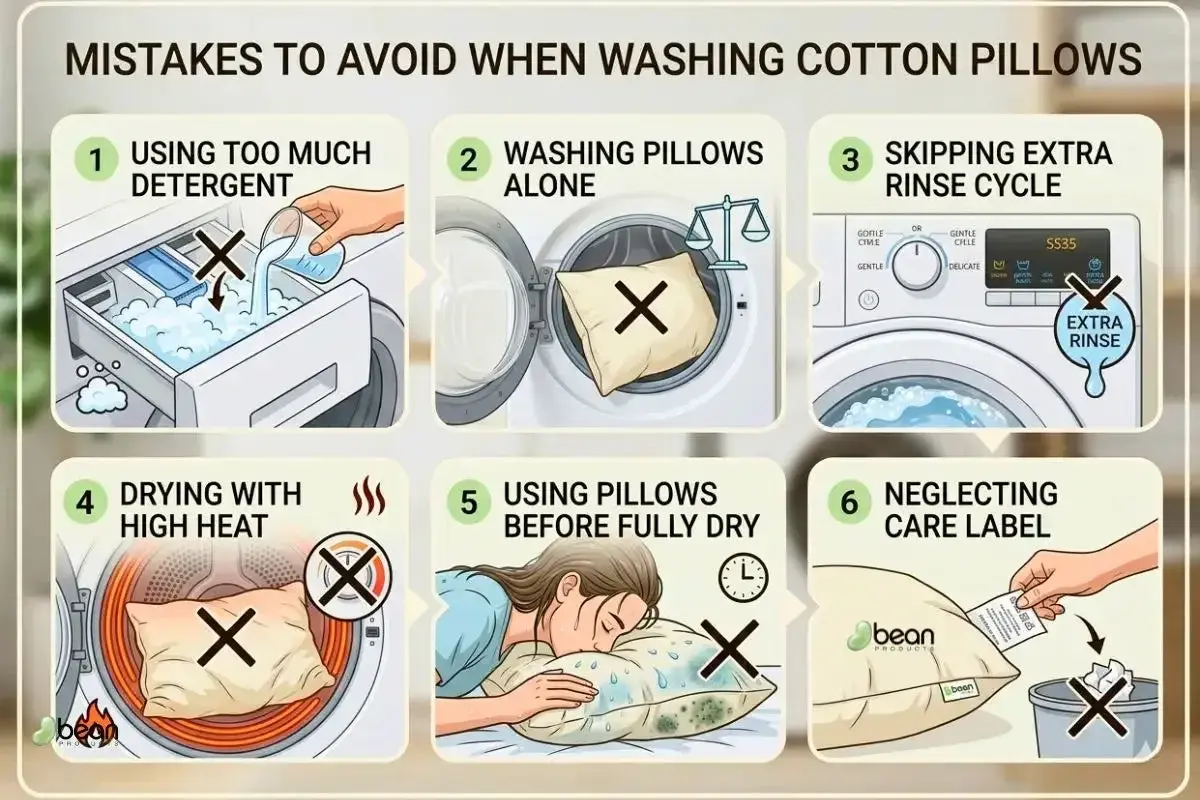 Learn how to wash pillows correctly by avoiding these mistakes: too much detergent, washing alone, skipping rinse, high heat drying, using before dry, and ignoring care labels.