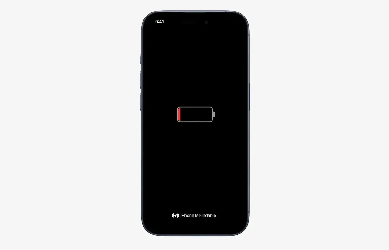 Wyłączony iPhone z ikoną niskiego poziomu baterii i napisem "iPhone Is Findable". Dowiedz się, jak znaleźć iPhone jak jest wyłączony.