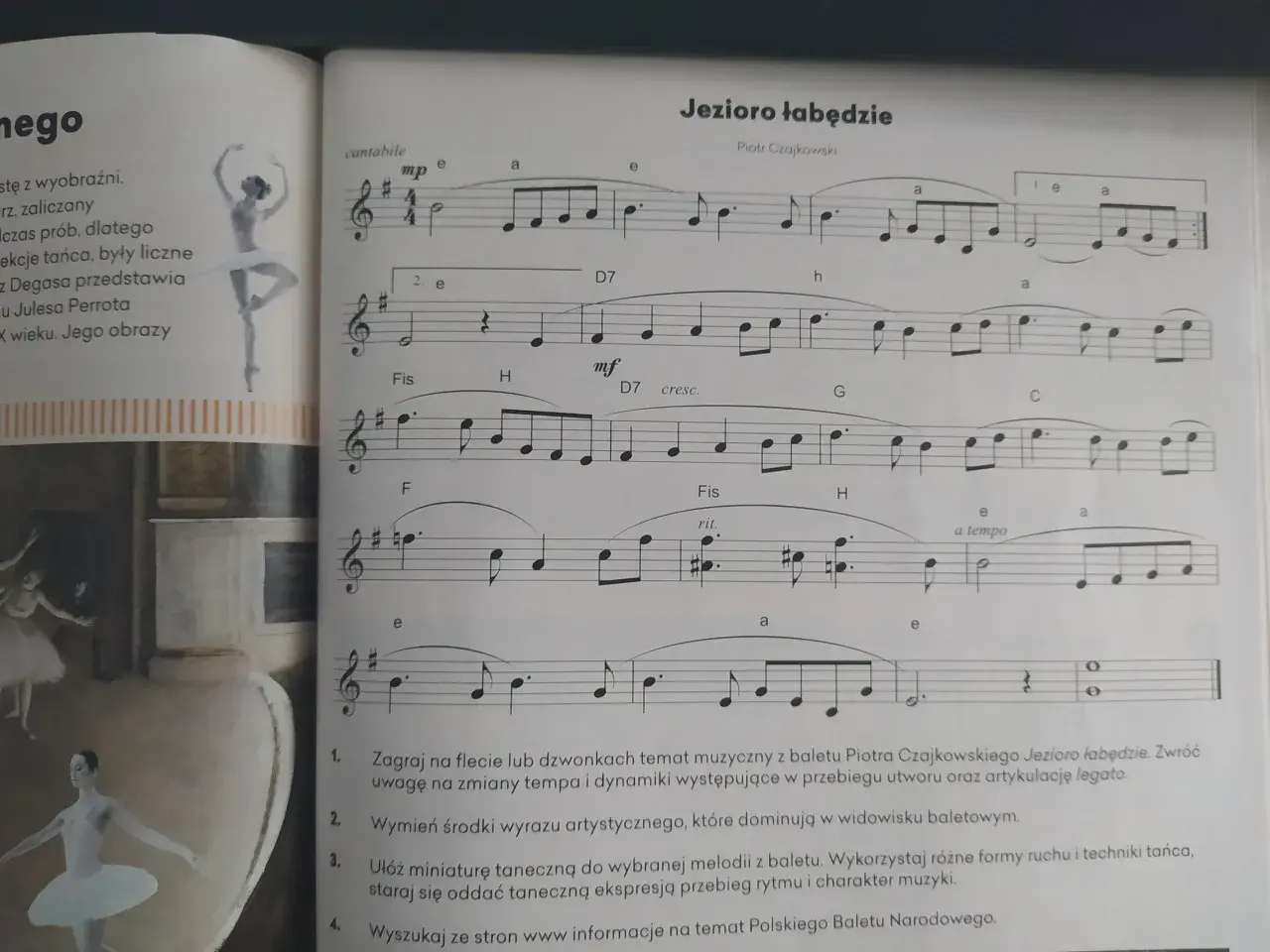 Nuty z baletu Jezioro łabędzie Piotra Czajkowskiego, z fragmentem melodii i wskazówkami dla tancerzy.
