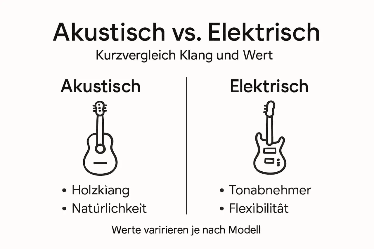 Vergleich von Akustik- und E-Gitarren. Was ist eine Gitarre? Akustische Gitarren bieten Holzklang, elektrische Gitarren Tonabnehmer.
