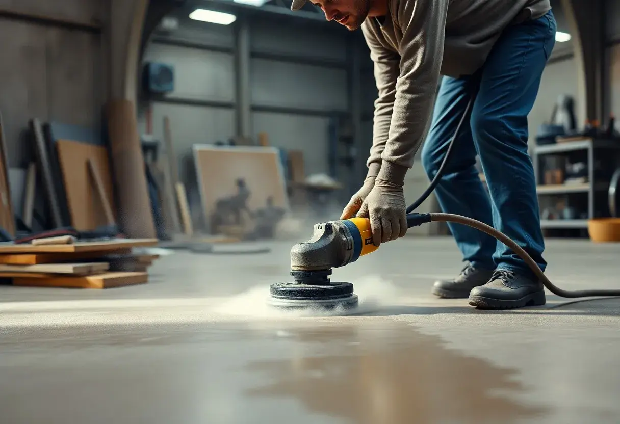 Mann schleift mit einer Maschine den Estrich. Staub wirbelt auf, während die Arbeit voranschreitet.
