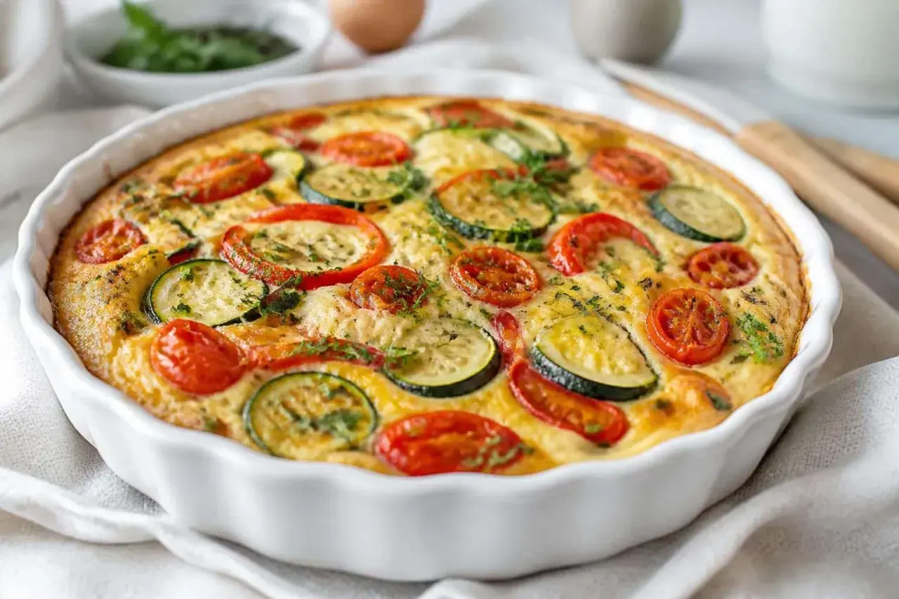 Quiche sans pâte aux courgettes et tomates cerises, dorée et appétissante, garnie d'herbes fraîches. Un délice léger et savoureux.