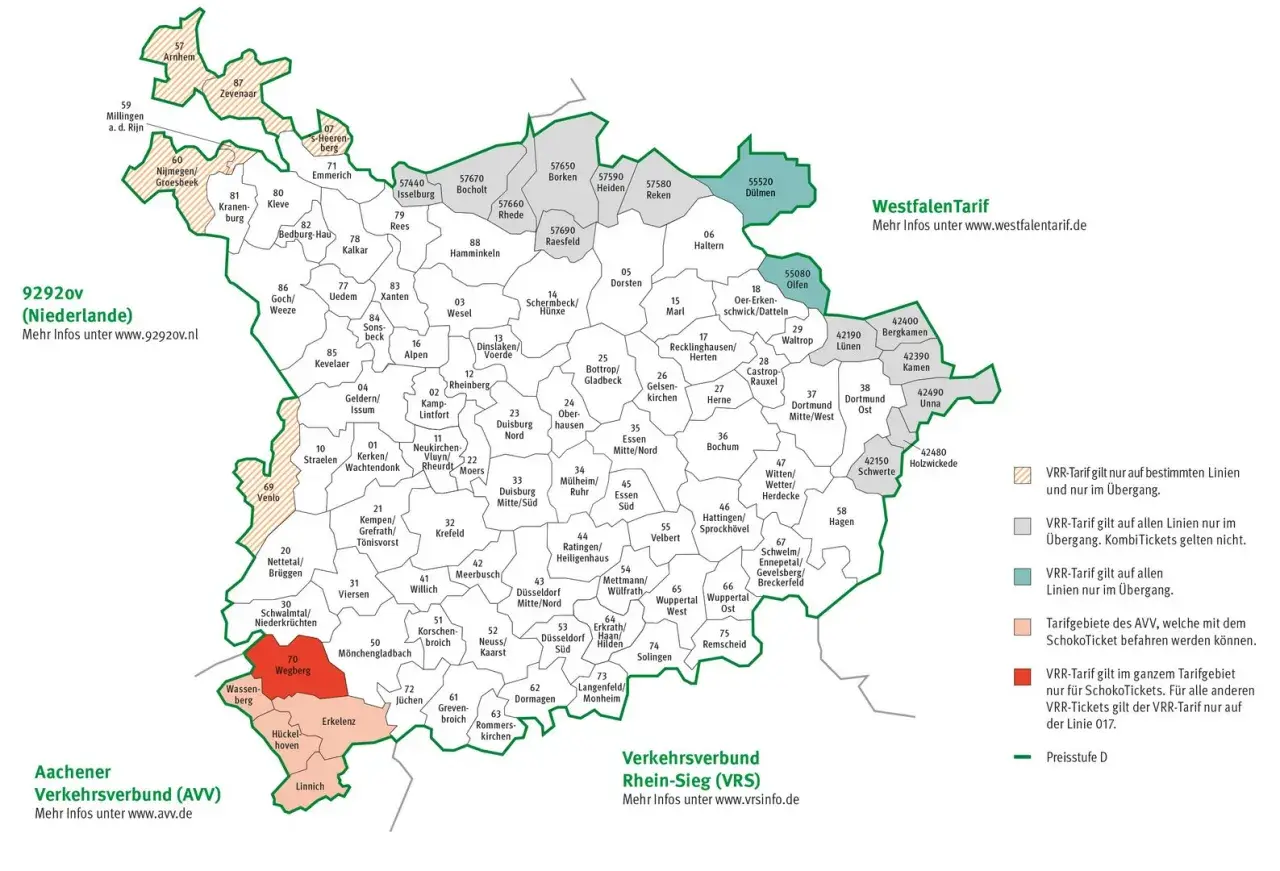 Karte mit Tarifgebieten des VRR und AVV. Der ticket 2000 map zeigt Zonen für Fahrpreise in Nordrhein-Westfalen.