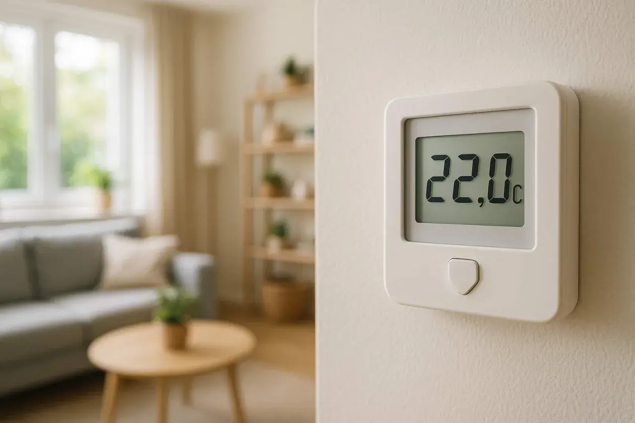 Termostat pokazuje 22°C, idealną, optymalną temperaturę w domu.