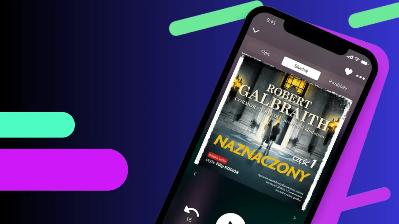 Aplikacja z audiobookiem "Naznaczony" Roberta Galbraith, część 1. Idealna do śledzenia kolejności książek z serii Cormoran Strike.