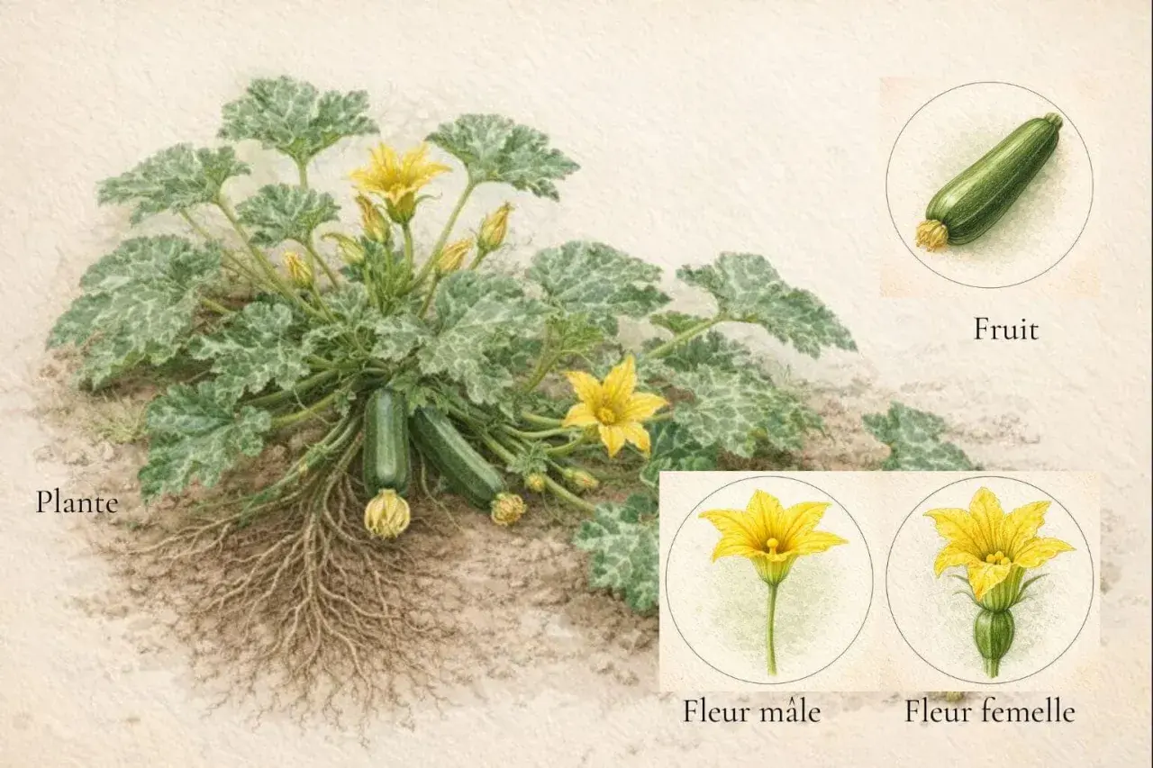 Plante de courgette avec fruits, racines, fleur mâle et fleur femelle.