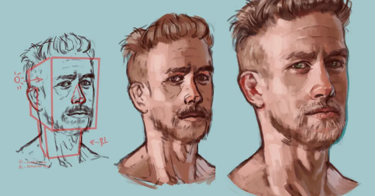 Portret podobizna mężczyzny w trzech ujęciach, od szkicu z zaznaczonym światłem po dopracowane detale twarzy.