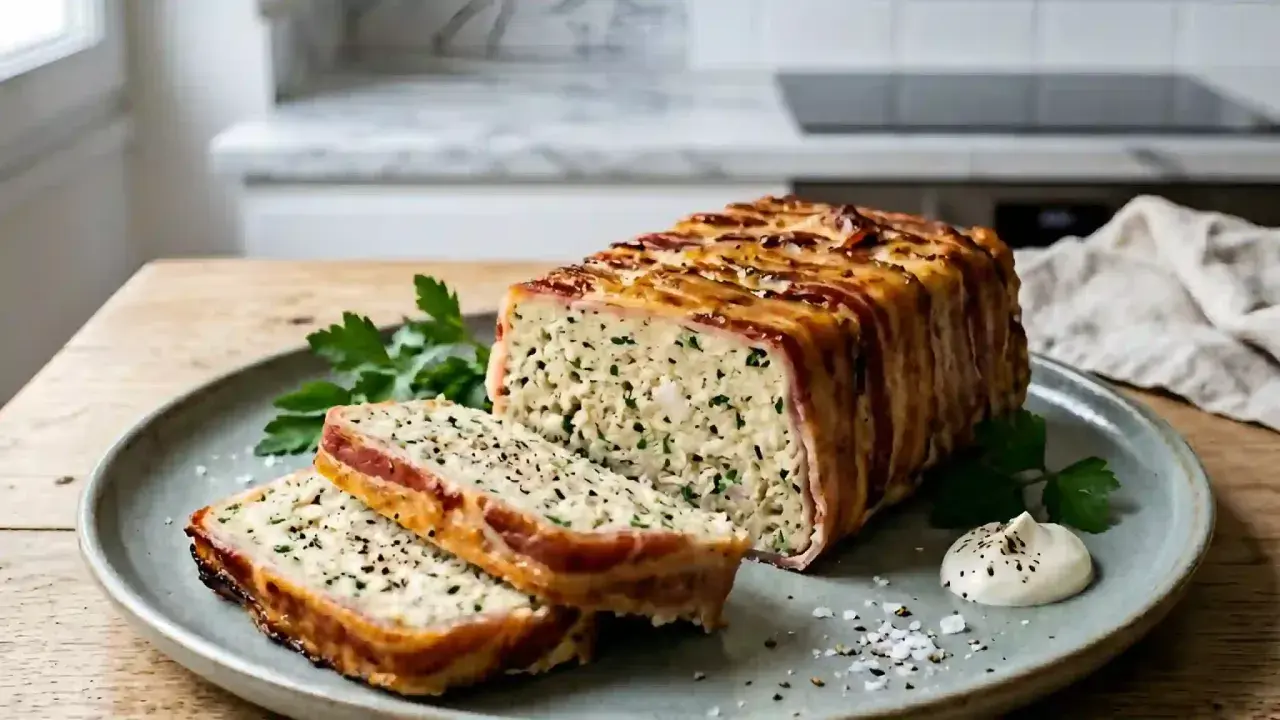 Une délicieuse terrine de poisson, enveloppée de lard croustillant, est servie sur une assiette avec des herbes fraîches et une touche de sauce.